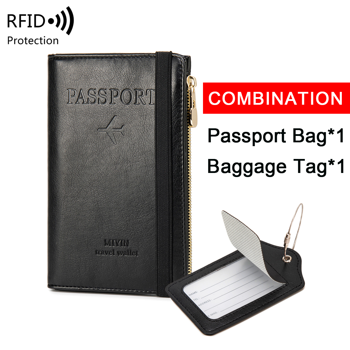 Minimalistisch en modieus RFID-reispaspoortset + PU-bagagelabel 2-delig/set geschikt voor reisaccessoires voor heren en dames: Black