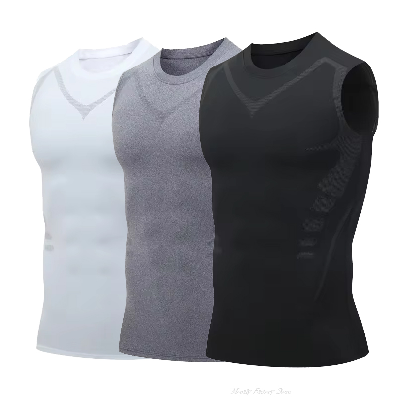 Sommerfitness kompressionstrøje til mænd, shapewear med ærmer, terapivest, herre, issilke kompressionstanktops, bodyshapewear: Xxxl / Guld
