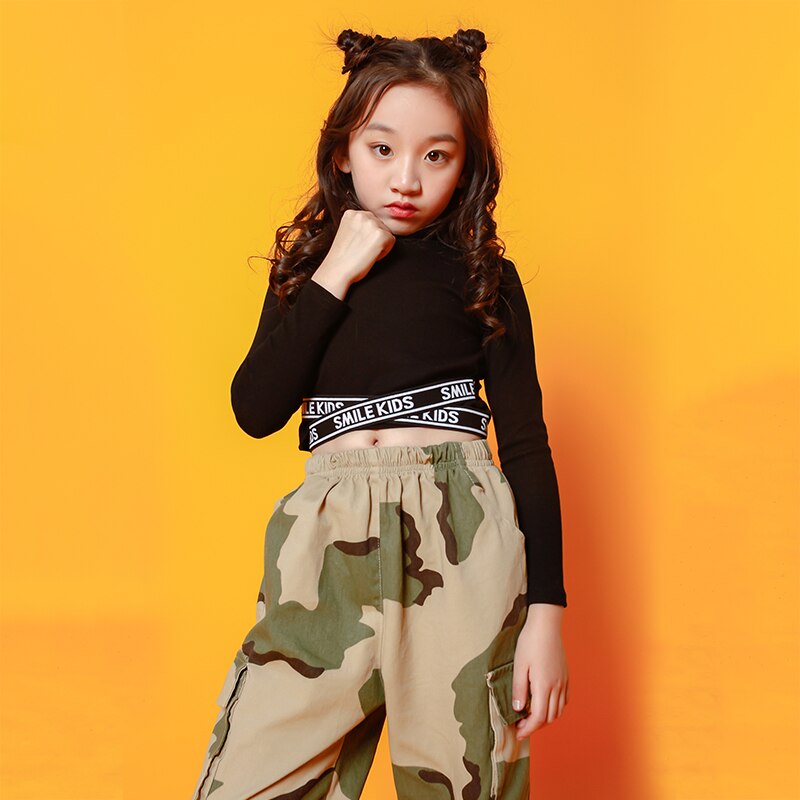 Kids Hip Hop outfits Black Swearshirt Camouflage Pants dancing clothing Girls carnival Jazz Dance Costume Clothes Stage Wear