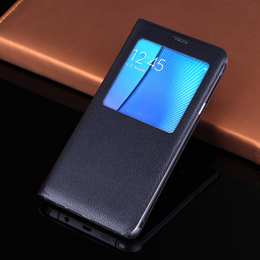 Flip Cover Leather Case Slim Window View Shockproof Bag Cell Phone Carrying Cases Mask For Samsung Note 5 Note5 N920 N920F N920H: Black