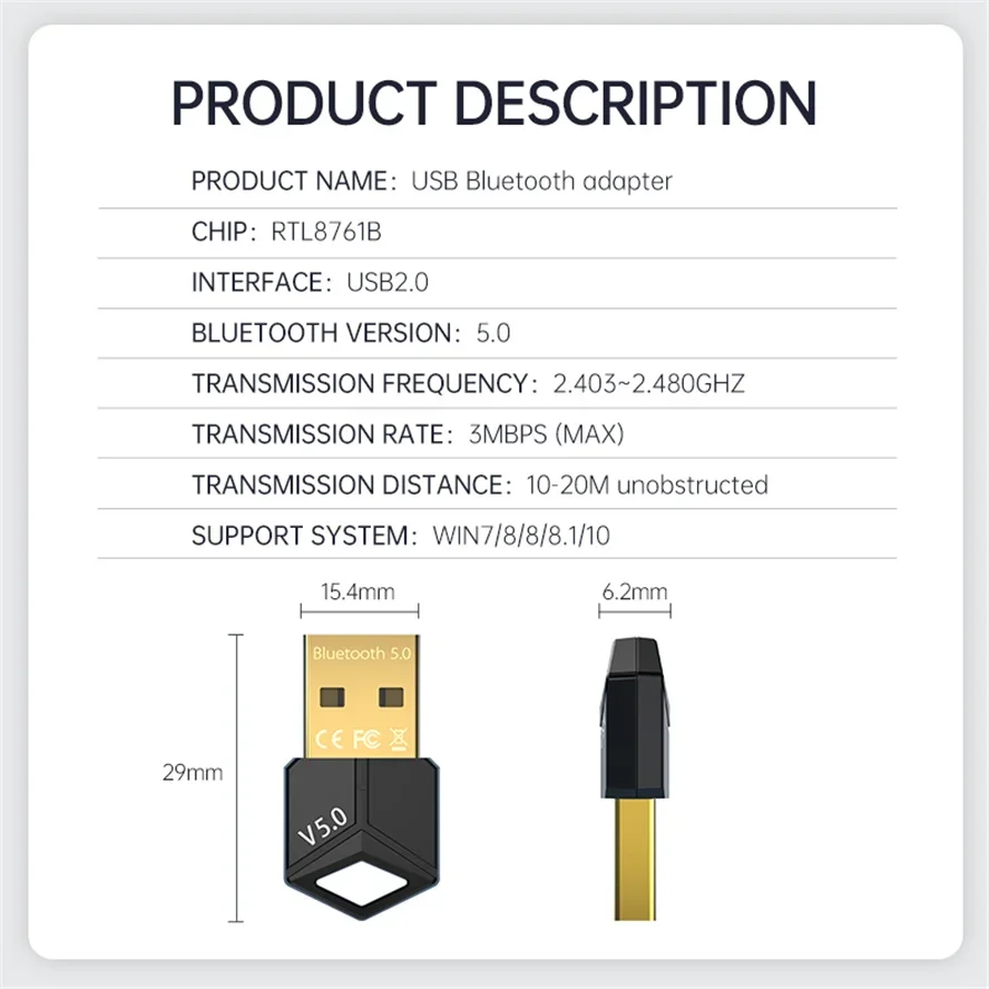 USB Dongle Bluetooth 5.0 Adapter Receiver Wireless Low Latency Music Mini Bluthooth Transmitter For PC/File Transfer RTL8761B: Default Title