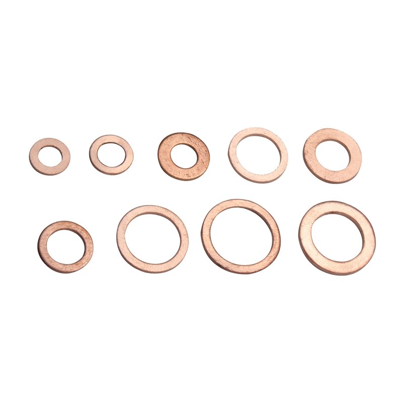 200Pcs 9 Sizes Copper Washers Assorted Solid Copper Gasket Washers Sealing Ring Set Hardware Kit M5/6/8/10/12/14 with Plastic Ca