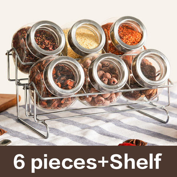 1 Uds. RSCHEF, 1 Uds., latas selladas de vidrio de 180ML/tarro de almacenamiento de alimentos, especias, teas, utensilio de almacenamiento de botellas para Preservación de dulces: 6pcs and shelf