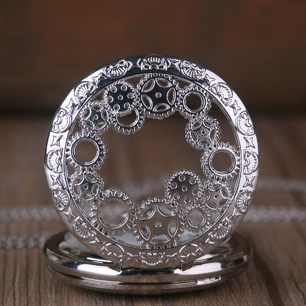 Vintage zilveren opengewerkte zakhorloge met ketting heren steampunk hanger ketting zak