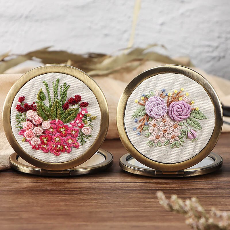 Gør-det-selv blomsterbroderi spejlsæt blomster mønstre håndarbejde sæt håndlavet sammenfoldelig makeup spejl gynge kunst håndværk boligindretning