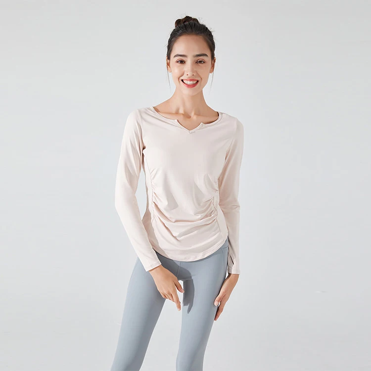 Stown-ropa deportiva para culturismo, camiseta de manga larga para gimnasio, Fitness, ropa de mujer con agujero para el pulgar, Top plisado adelgazante para Pilates y Yoga: XL / Beige