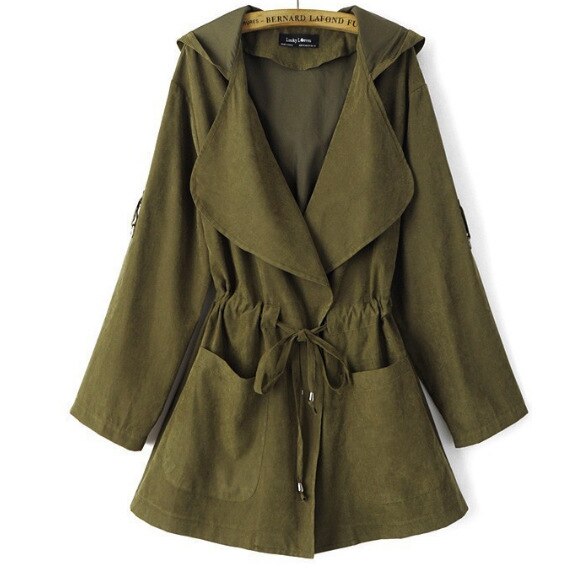 Solid trenchcoat dame efterår dame hætte tynd vindjakke mellemlang frakke afslappet løs streetwear frakker: Militærgrøn / Xl