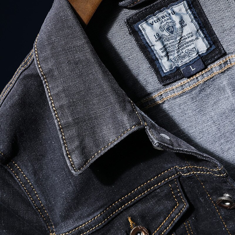 202 autumn classic men's retro black denim jacket casual cotton denim jacket big pocket lapel black denim jacket for men