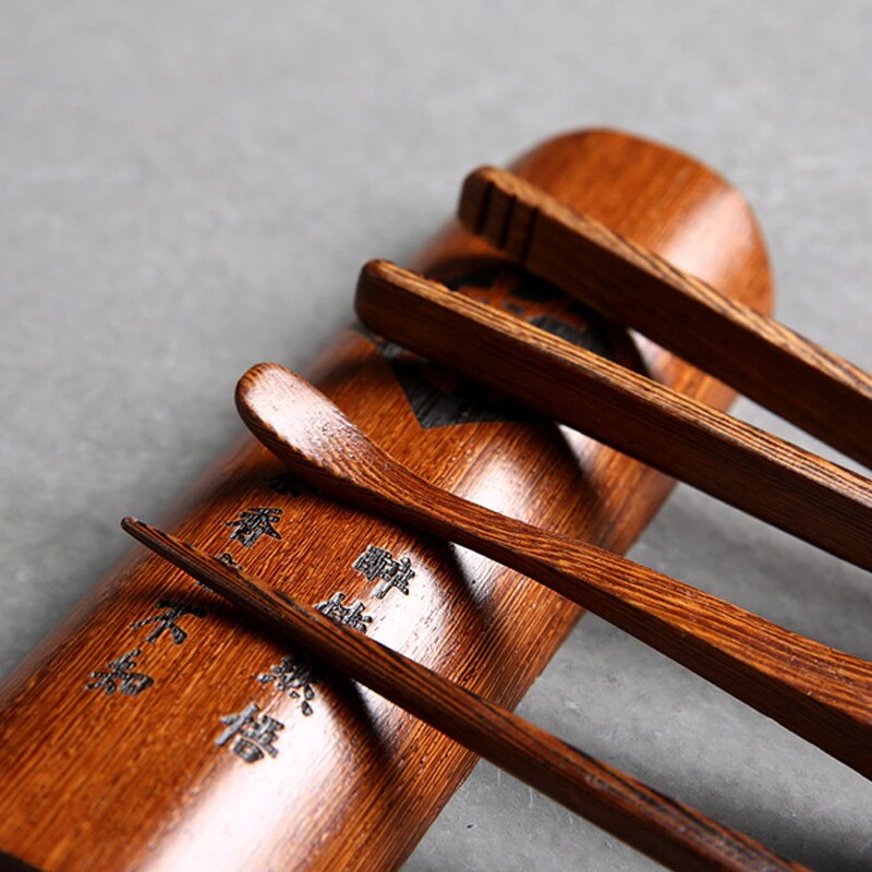 S /4 handgemaakte wengé houten cha dao theeclip + naald + schepje + cha he