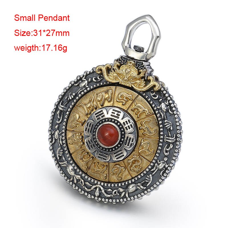 S925 Sterling Zilver Thai Zilver Graveren Zodiac Manjusri Negen Paleis Cirkel Hanger Draaien De Boeddhisme Ronde Ketting: Small Pendant