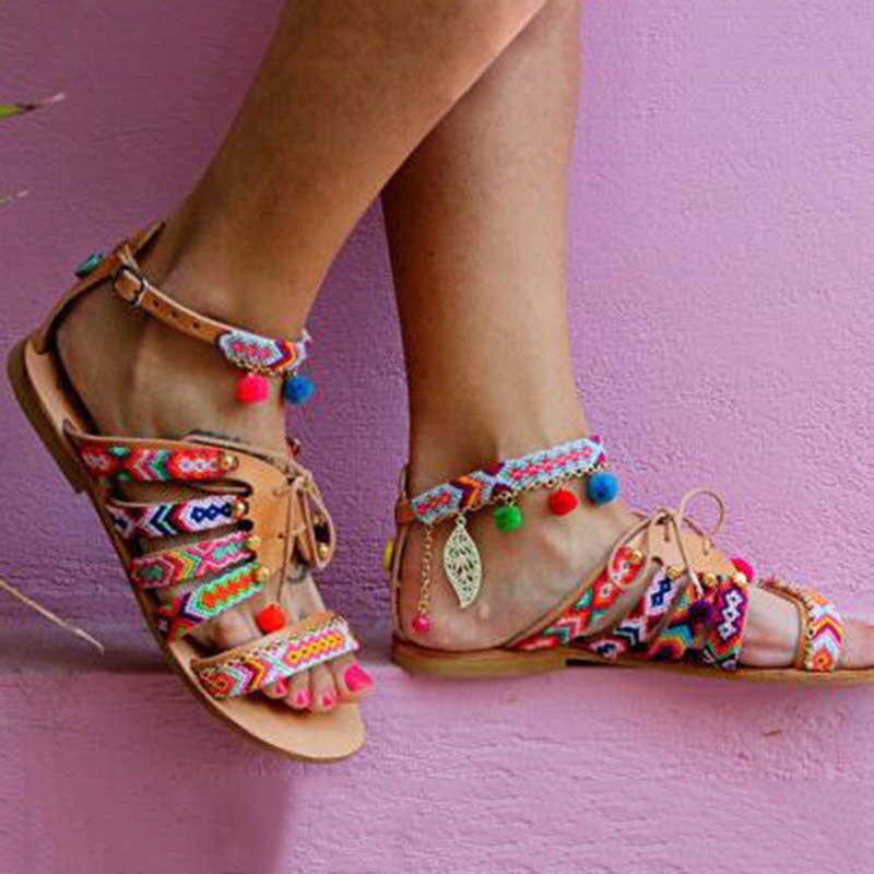 Sandalias bohemias con plataforma para mujer, zapatos de punta abierta, informales, para playa, verano,