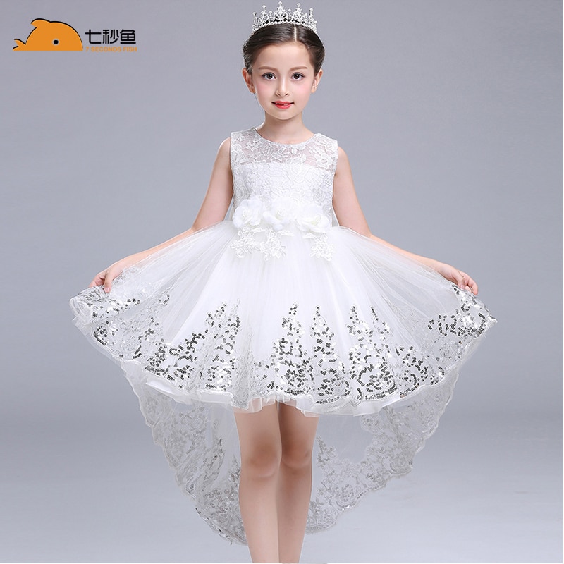 girl white princess dress for 3-14 years girl party dress 7 seconds fish kids brand vestidos children party dress