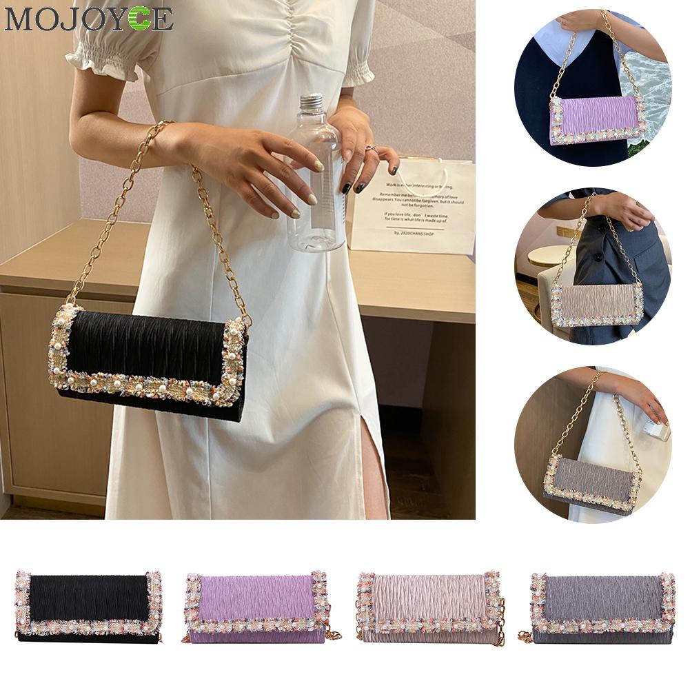 Prachtige boodschappentas, draagbare dames nylon schoudertas met geplooide pareldecoratie, handtassen voor dames, party clutch
