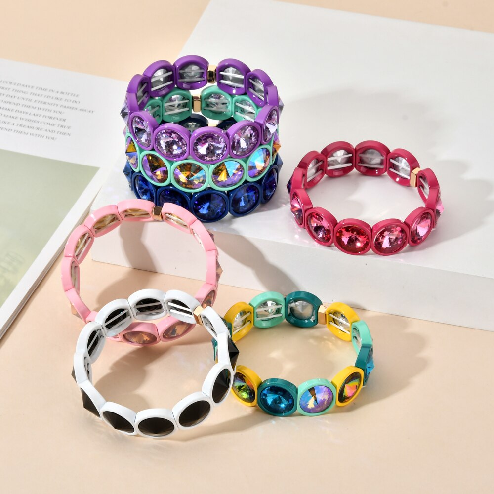 ZMZY, pulsera elástica de cristal grande bohemia Vintage hecha a mano, brazalete elástico esmaltado, pulsera de cuentas de azulejo de arcoíris para joyería de mujer