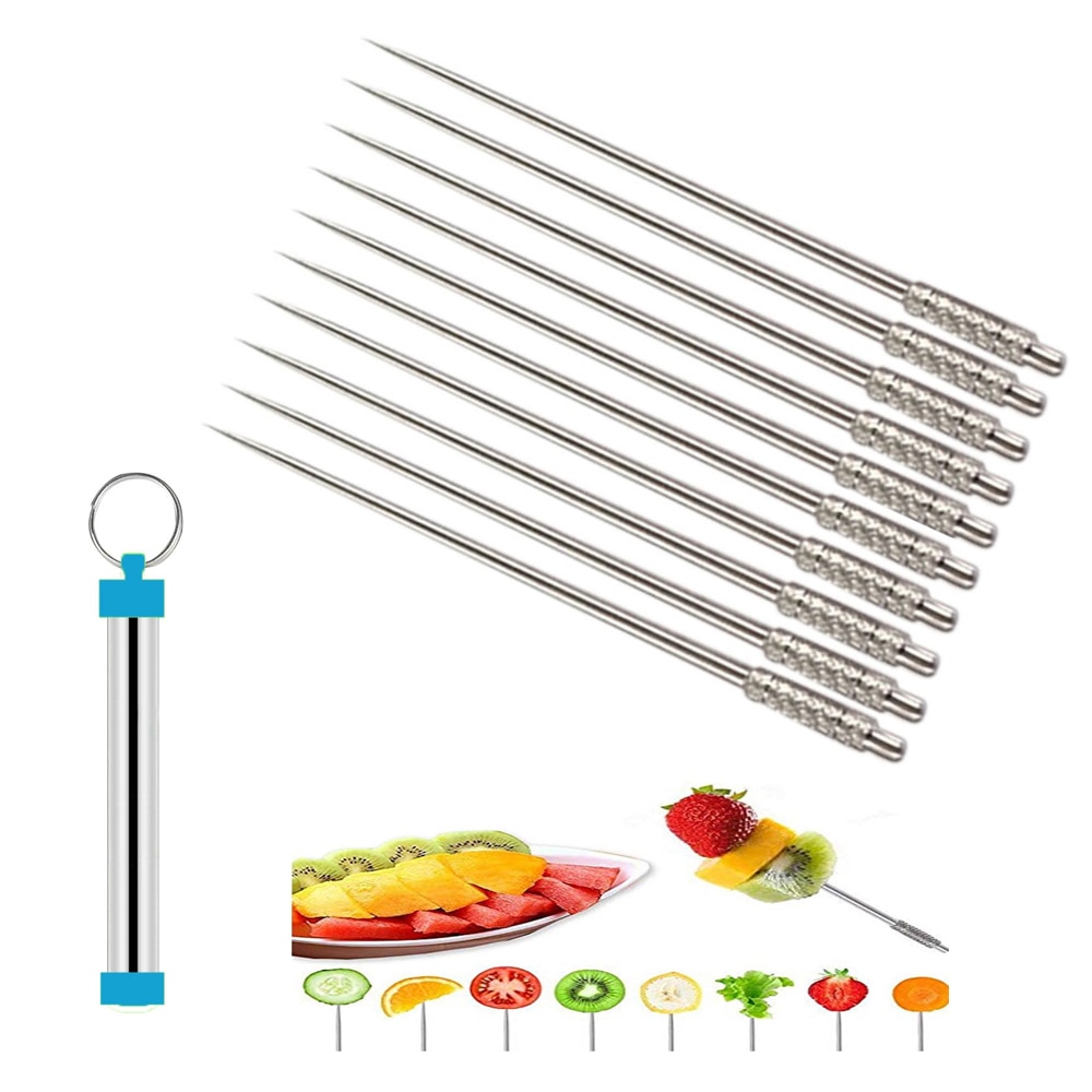 10Pcs Outdoor Roestvrij Staal Titanium Tandenstoker Dispenser Container Pocket Met Herbruikbare Voedsel Fruit Picks Voor Camping Picknick