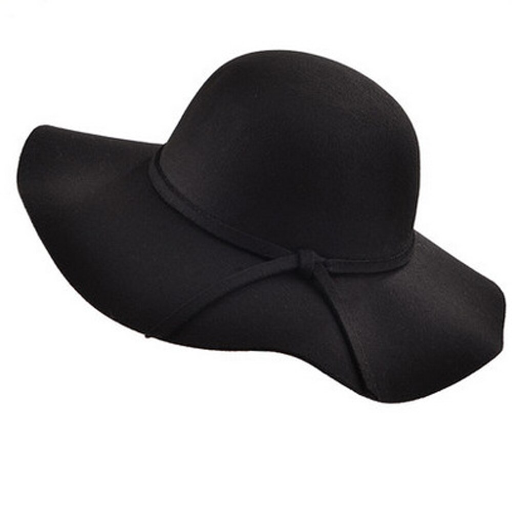 Chapeau casual fedora kasket med brede skygge kuppel hatte uld floppy hat kvinder sorte cloche hatte: Sort