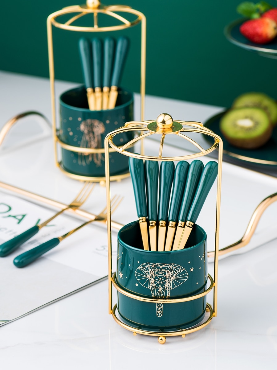 Nordic Ceramic Stainless Steel Fruit Fork Storage Tube Dessert Fork Cake Fork Fruit Fork Storage Pot Living Room Fruit Fork Set