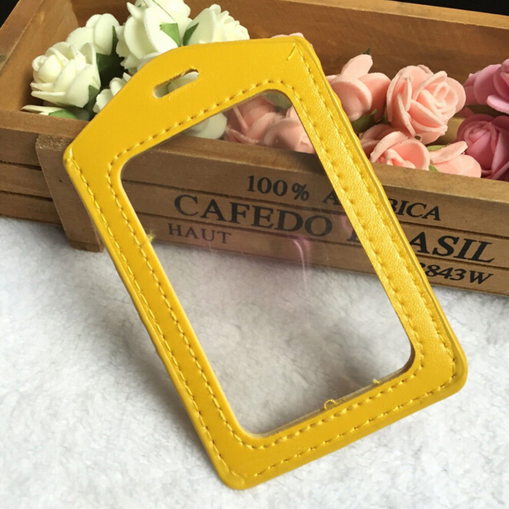 ID PU Leather Card Holders Horizontal Vertical Style Badge Case Clear with Color Border and Lanyard Holes School Stationery