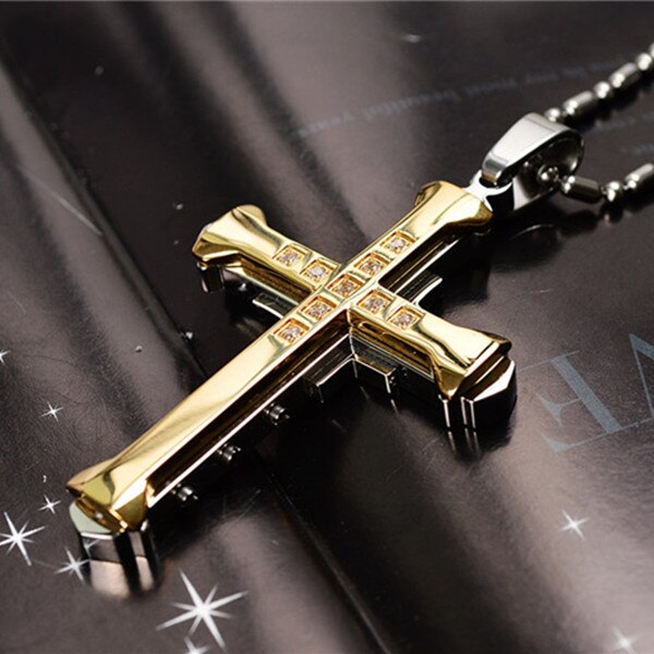 Cross Necklace For Men Jesus Crystal Cross Pendant Necklace Black Silver Color Stainless Steel Necklace Jewelry: Gold