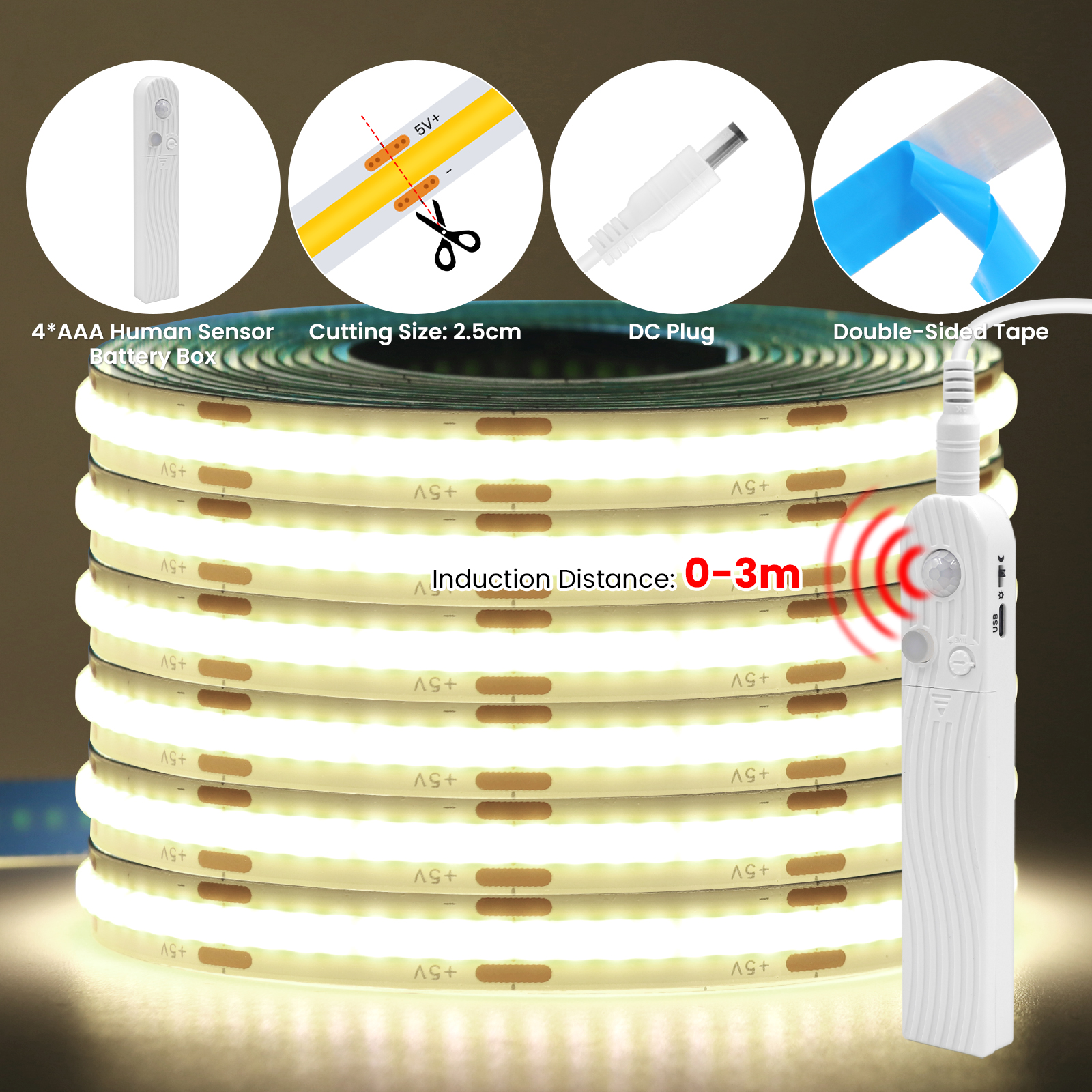 Tira de luces LED COB con Sensor humano, batería 4AAA, cinta LED Flexible regulable de 5V con cinta adhesiva para retroiluminación de armario y dormitorio