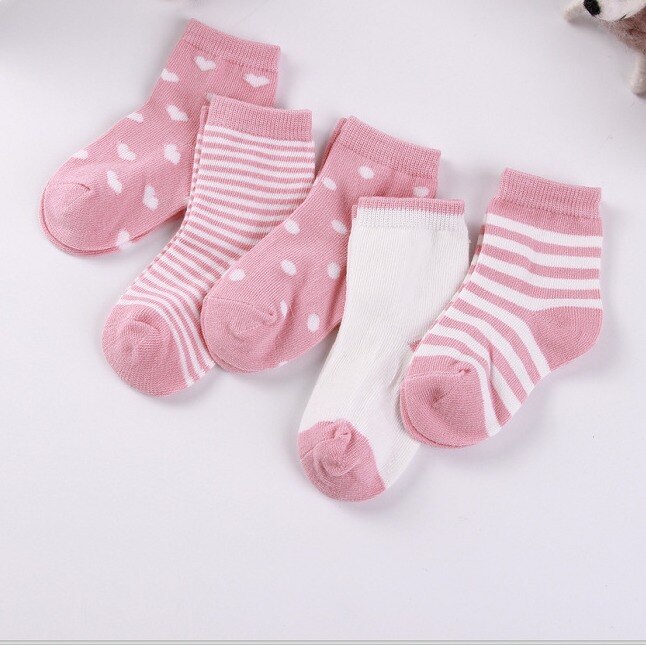 5 pares/lote 0 a 6 anos crianças meias de algodão macio menino menina do bebê bonito dos desenhos animados listra quente pontos moda escola outono inverno: Rosa / 4 to 6 Years