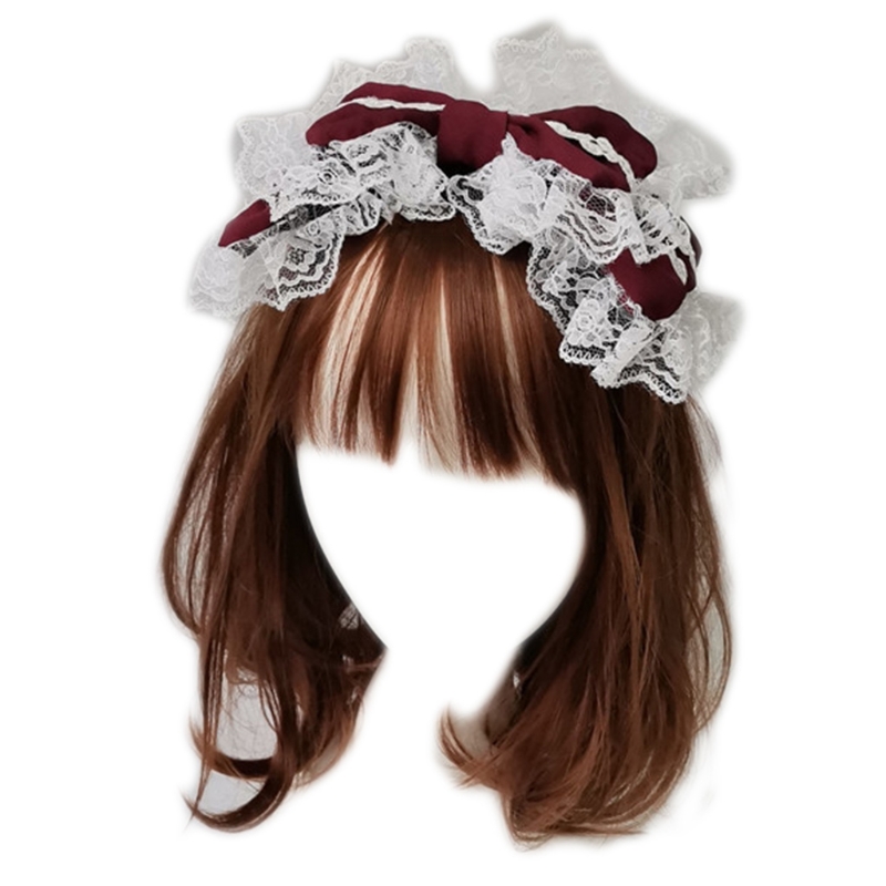 Lovely Sweet Hairband Maid Cosplay Headband Ruffled Lace Headwear Handmade Double Layer Bowknot Hair Accessory: GRAY