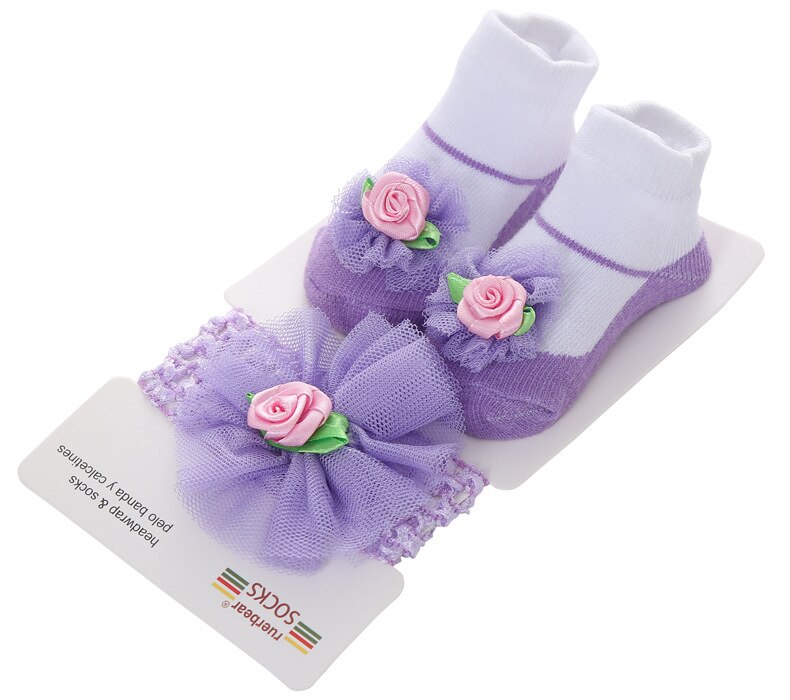 Belle bébé filles paillettes étoile gaze fleur décoré anti-dérapant coton cheville chaussettes avec élastique bandeau ensemble: H