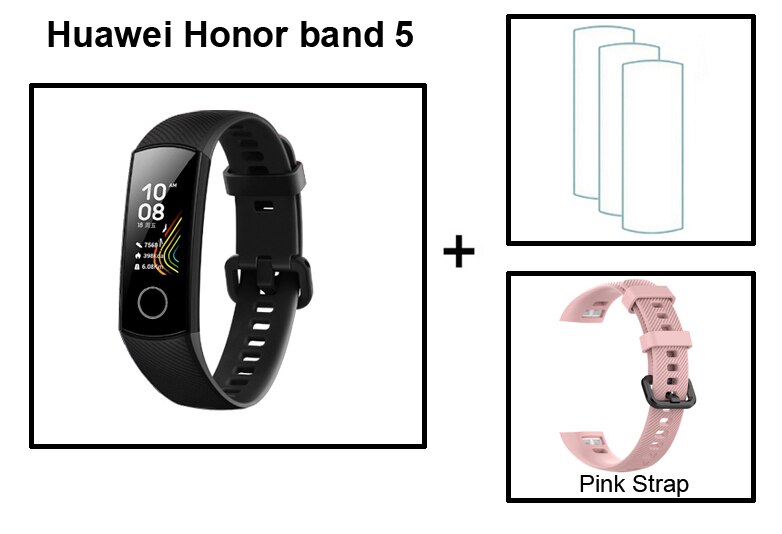 Huawei-pulsera inteligente Honor Band 5 Original, pulsera con control del ritmo cardíaco, presión del sueño y del oxígeno en sangre, detección AMOLED, para natación: CN Black add f SP