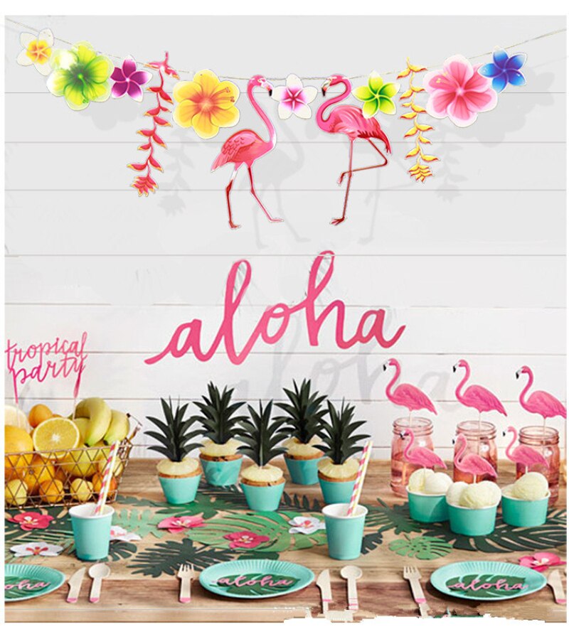 Hawaiian kaktus flamingo banner kranseblad papir fest banner bunting dekoration hawaiisk tema fest fødselsdag forsyninger