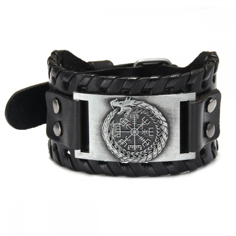 Pulsera de piel con brújula pirata para hombre, de tótem ancho, joyería vikinga celta, accesorios de pulsera, de: Rojo óxido