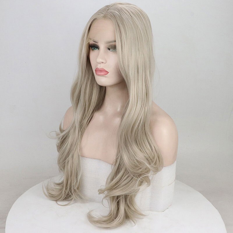 Bombe Platin Grau Natürliche Welle Synthetische 13*3 Spitze Vorne Perücke Glueless Hitze Beständig Faser Haar Natürlichen Haaransatz Für frauen