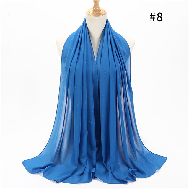 1 pc kvinnor vanlig bubbel chiffong scarf wrap guld glänsande glitter enfärgade sjalar pannband muslimska hijabs halsdukar/scarf 20 färger: Färg 8 blå