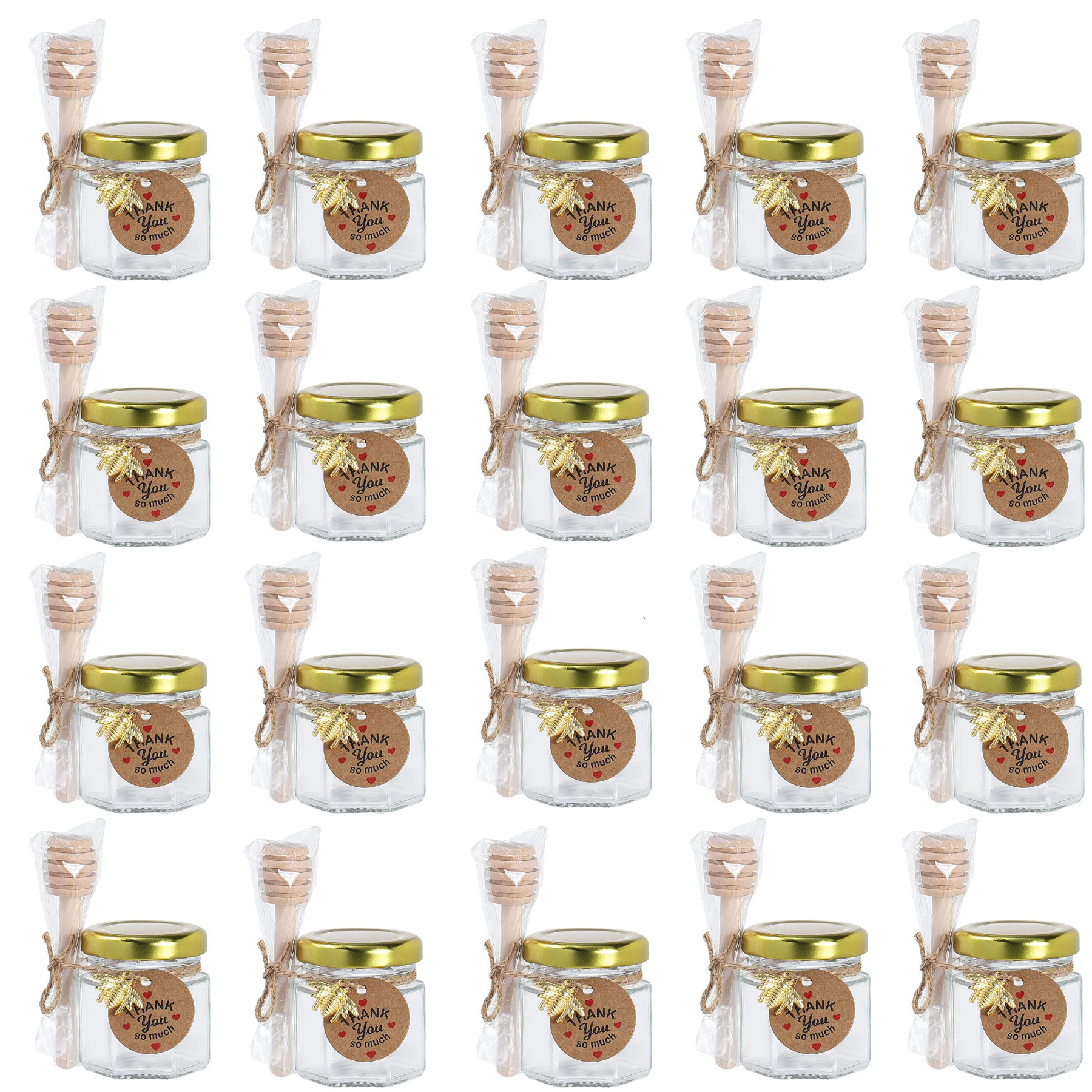 20 Stück 1,5 Unzen kleine Honiggläser aus Glas – Honiggläser aus Glas mit goldenen Deckeln, hölzernen Löchern, Bienenanhängern und Juten für Höhle St. Patrick's Tag: Licht Gelb