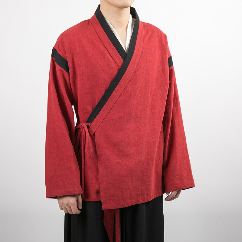 Hommes japon Kimono jupe droite pantalon Oversize taille élastique coton lin décontracté pantalon à jambes larges homme rue lâche Harem pantalon: red shirt / M