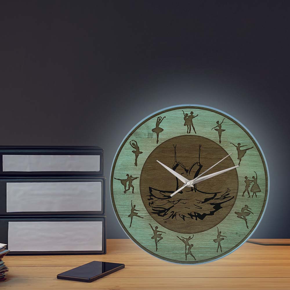 Ballet Time Ballerina Dancers Art Wood Texture Acrylic Printed Wall Clock Ballet TUTU Dress Girl Room Silent Hanging Wall Watch