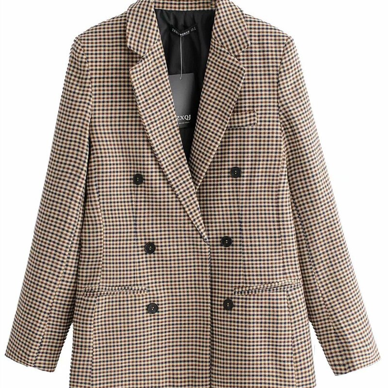 Veste à manches longues à carreaux pour femmes, Blazer à carreaux, Slim, col rabattu, rétro, col en v, costumes OL, boucles, manteau à Double boutonnage, collection décontracté: L