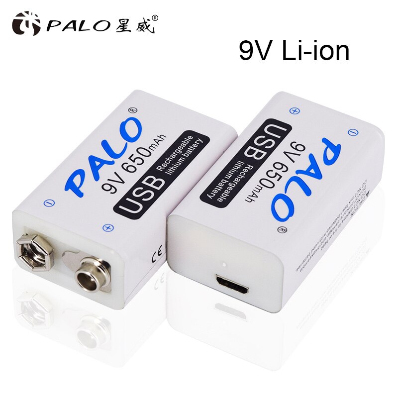 PALO 9V 6F22 650mAh Li-ion Rechargeable Battery Micro USB Batteries 9v lithium for multimeter,microphone,toy,remote control KTV: 2pcs