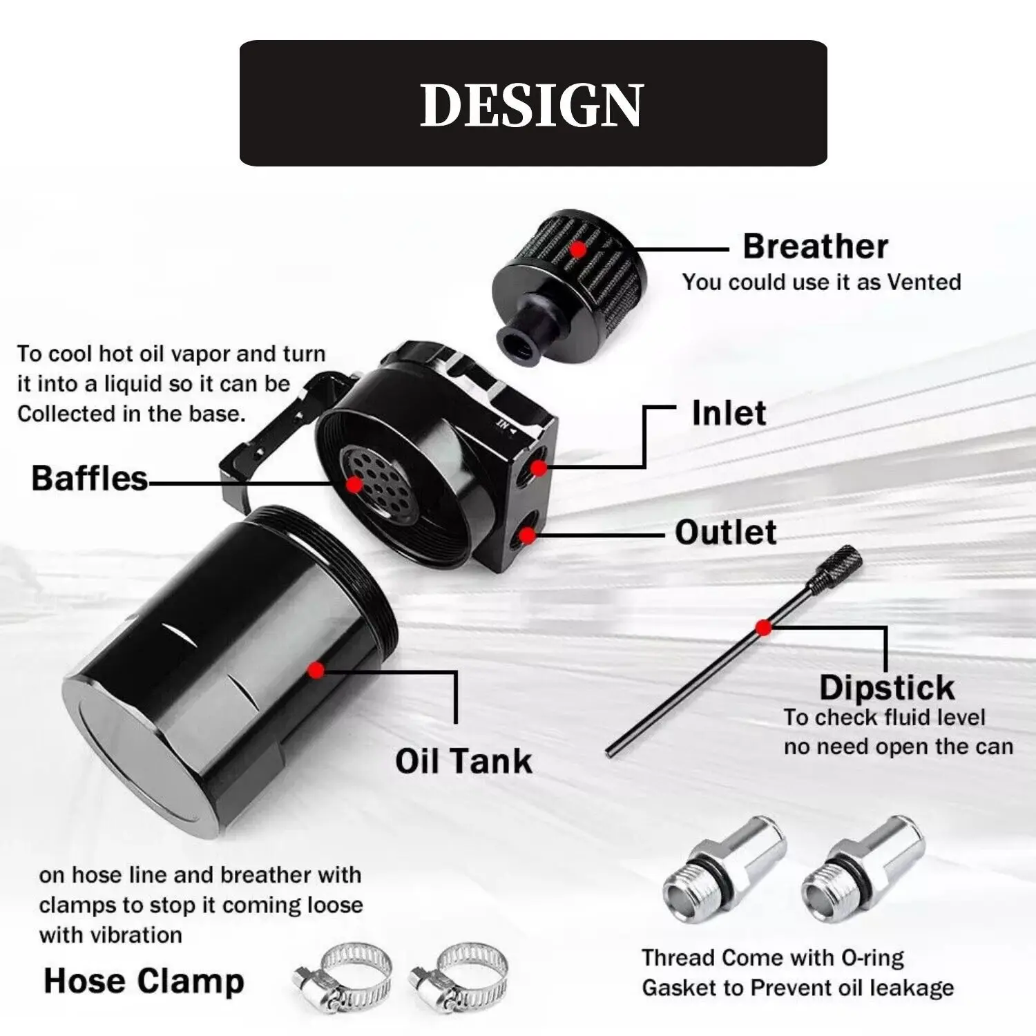 Universal Baffled Aluminum Oil Trap Reservoir Fuel Catch Tank With Air Filter Bracket Reservoir Hose Line