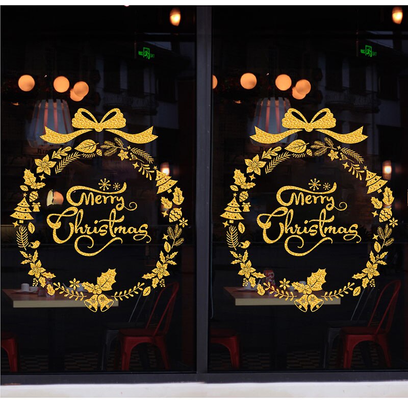 Merry Christmas Gold Garland Stickers Shining Tree Window Sticker Xmas Wall Decals Year Showcase PVC Wall Paper Home Decor