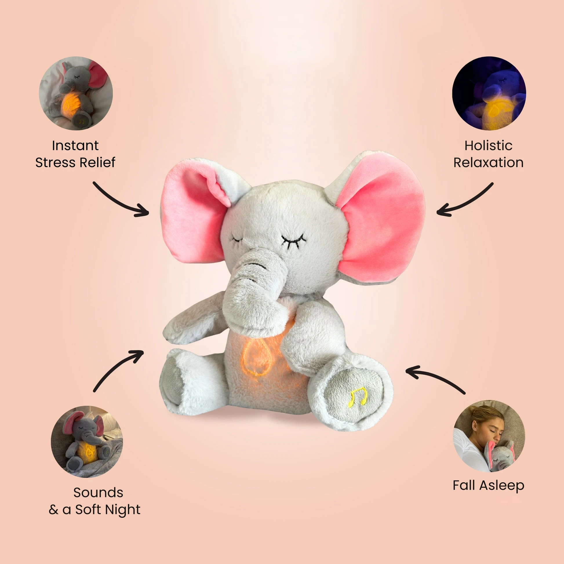 Muñeco de peluche de elefante calmante para bebé, 4 modos, compañero para dormir, muñeca musical y ligera, juguete de peluche sensorial, para niños