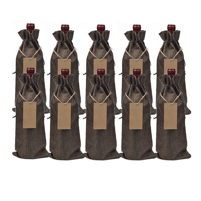 10 pcs/lot bouteille de vin couvre cordon sac avec étiquette coeur ensemble toile de jute pochettes en lin pour noël mariage décoration sac de rangement: Coffee