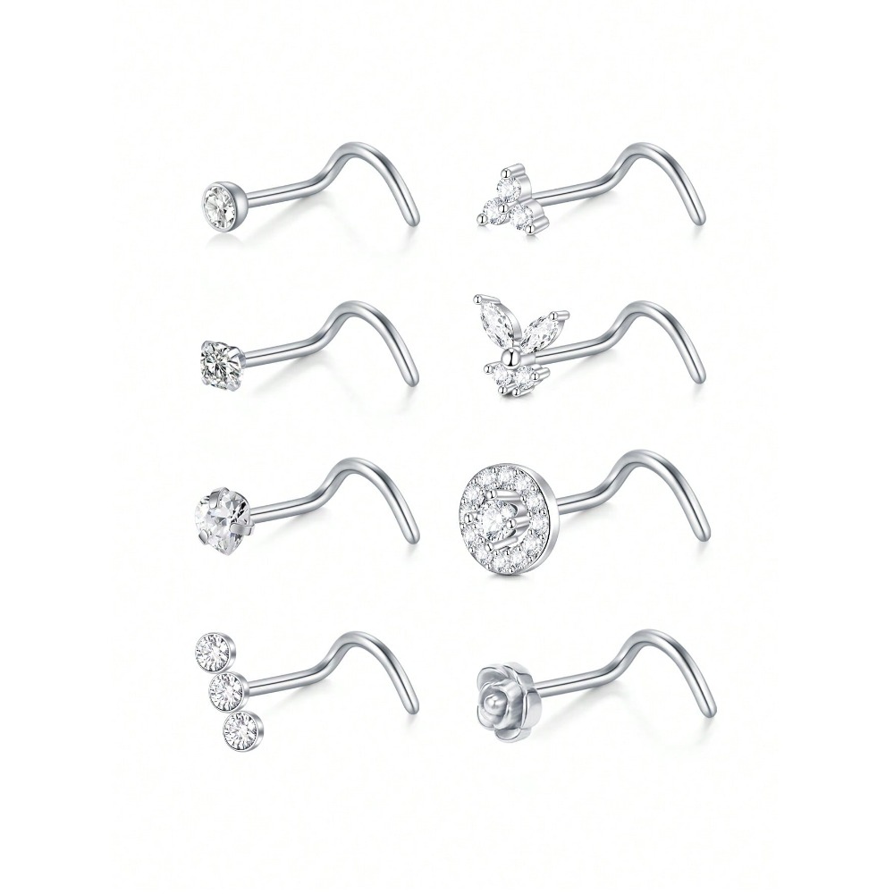 8Pcs/Set Nose Studs Rings For Women 18G 20G Corkscrew L Shaped Nose Screw Studs Nose Rings Studs Surgical Steel Nostril Nose Pie: Light Yellow Gold Color