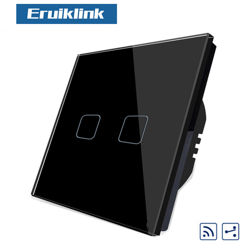 EU Standard 1/2/3 Gang 2 Way Touch RF433 Remote Switch, Crystal Glass Panel Touch Wall Light Switch, AC110V-250V: 2 Gang 2 Way Black