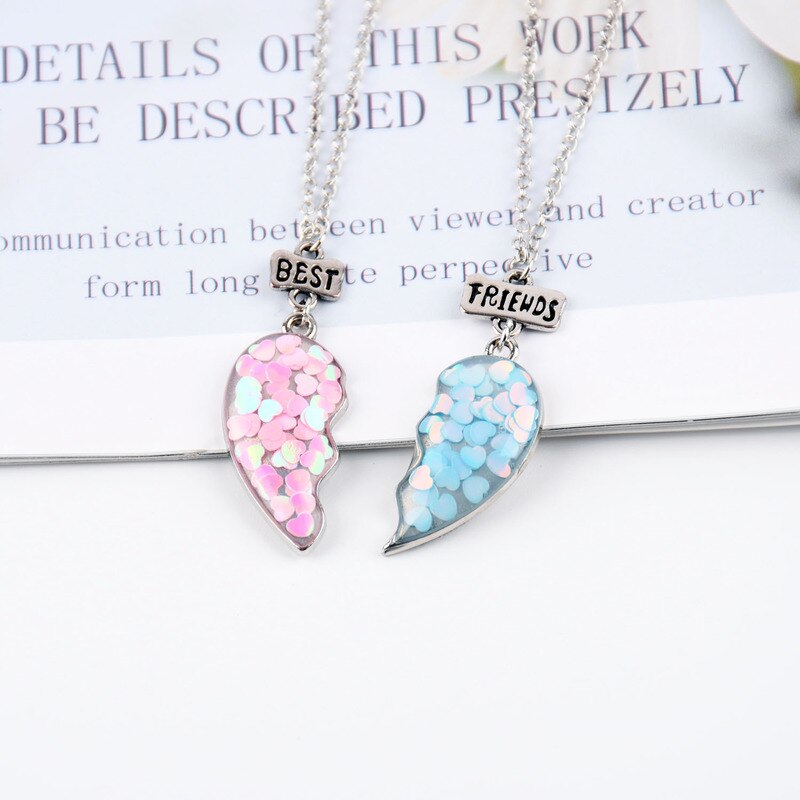 2Pcs/set Best Friends Necklaces Sequin Heart Broken Stitching Pendant Chain BFF Friendship Jewelry for Girls Women