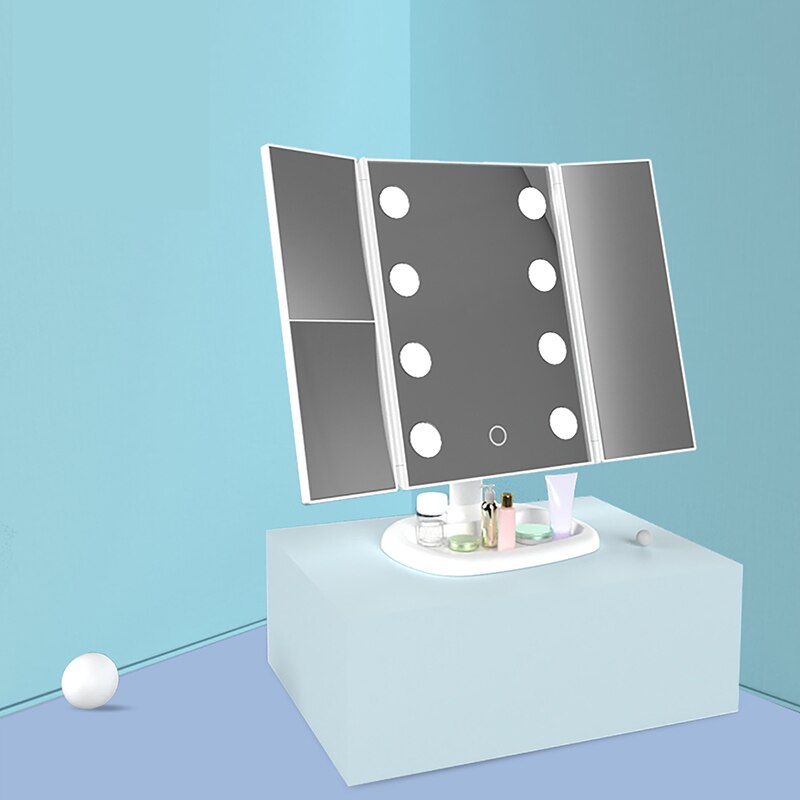 Adjustable LED Mirror Makeup Mirror Large 8 LED Light Press Sensor 2X3X Zoom Portable Three-Sided Folding