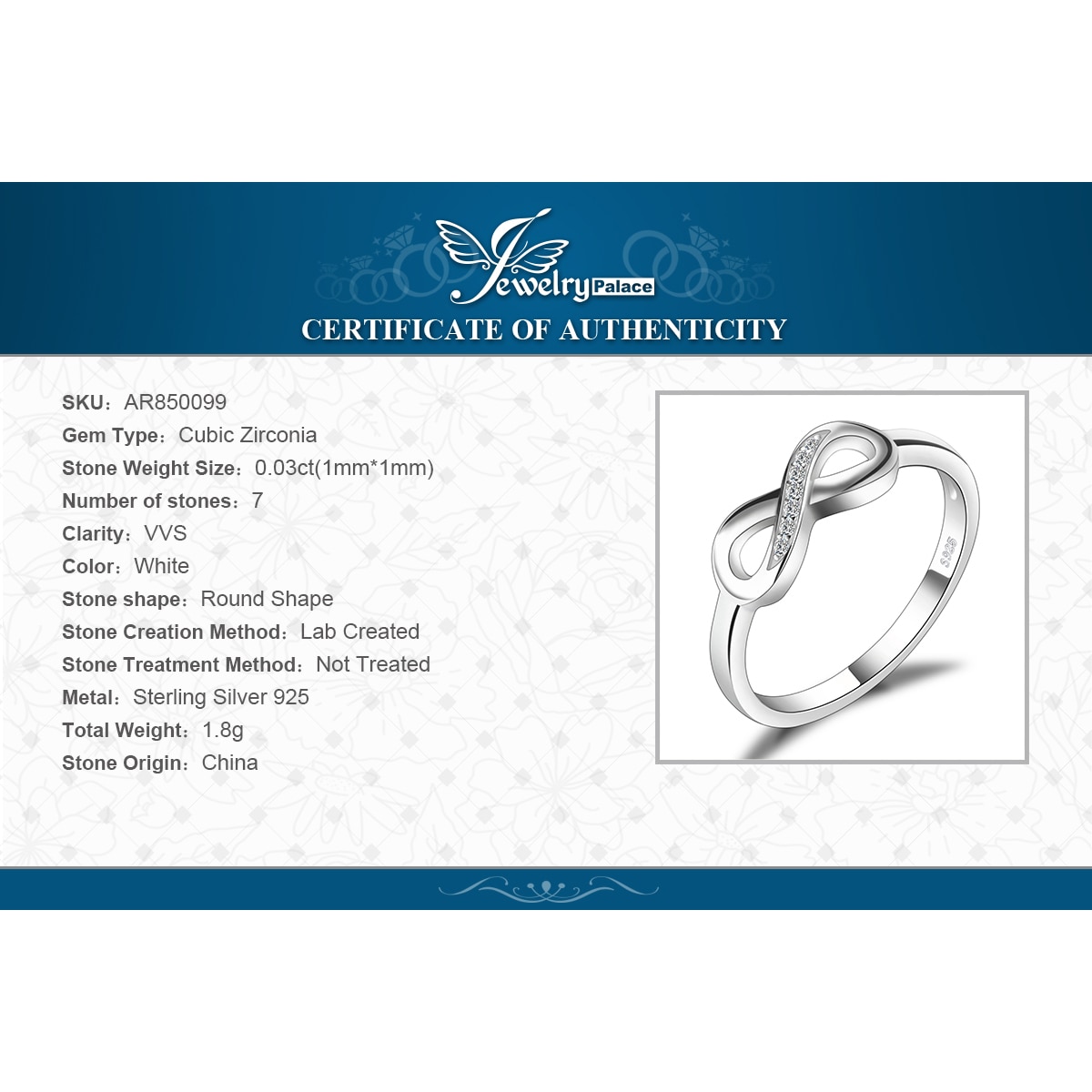 JewelryPalace infinito aniversario anillos de circonia cúbica 925 anillos de plata esterlina para mujeres joyería de plata 925 de joyería fina