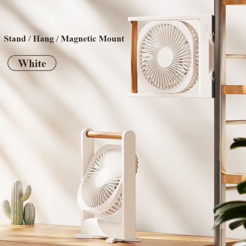 Eary-ventilador de escritorio portátil 3 en 1, montado en la pared, con Base magnética, viento de 4 velocidades, colgante ajustable, Mini ventilador recargable por USB delgado: Blanco