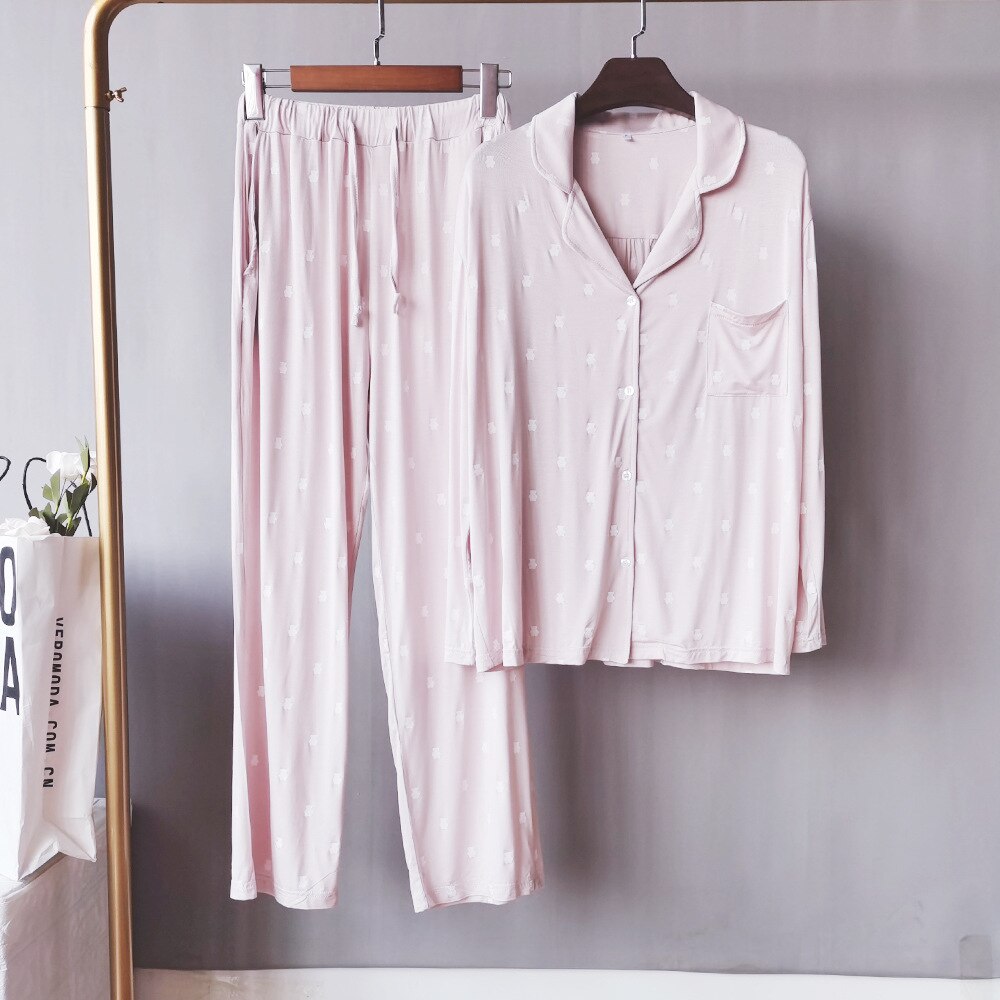 Pyjamaset Dames - Lange Mouw & Broek - Katoen met Berenprint - Omvouwbare Kraag: Roze