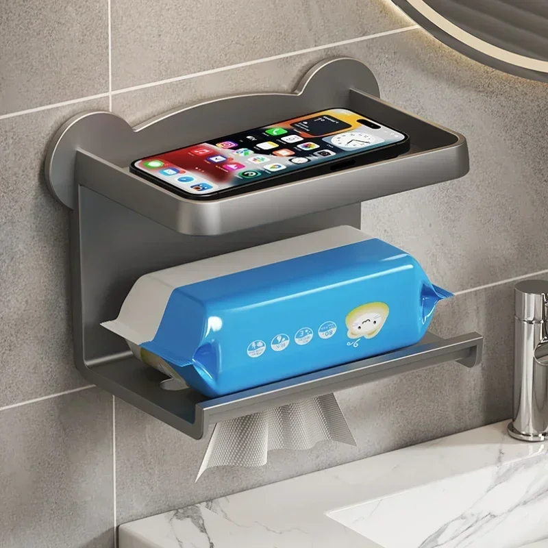 Aan de muur gemonteerde toiletrolhouder Stand Toiletpapier Dispenser Keuken Badkamer Opbergrek Voor Tissue Box Plank Telefoonhouder