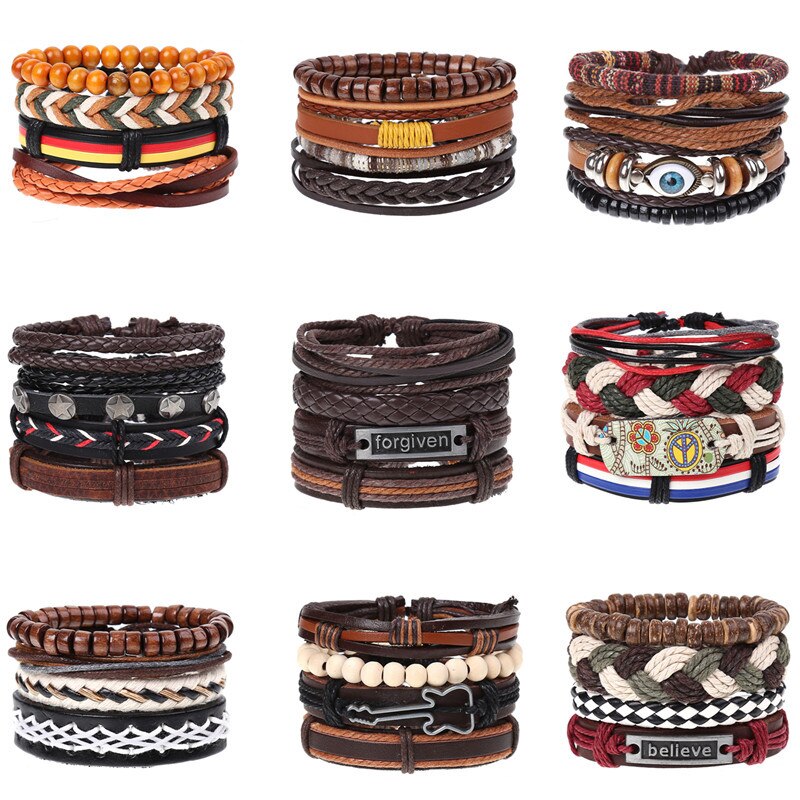 Pulseira de couro trançado 4 pçs/set, pulseiras para homens e mulheres, vintage, contas de madeira, cruz, étnica, esperança